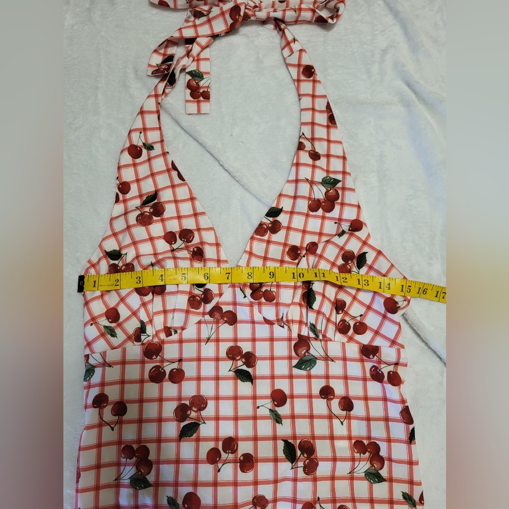 ROMWE Red and White Checkered Cherry Crop Top - Picture 4 of 7